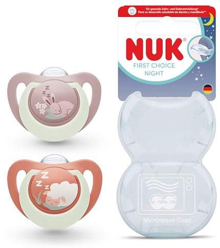 NUK First Choice Night Baby Schnuller | 0-6 Monate | Orthodontische Schnuller, die im Dunkeln leuchten | Beruhigt 99% aller Babys** | Kaninchen/Schaf | 0-2 Stück