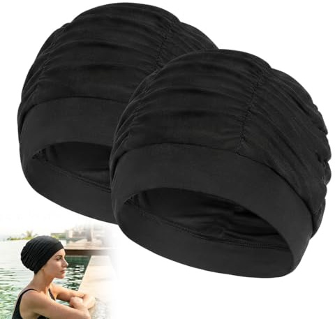 2 Pièces Bonnets de Bain Élastiques, Bonnet de Natation en Tissu Polyester Confortable pour Femme et Homme, Bonnet Piscine Plissé Souple pour Cheveux Longs et Courts, Tête de Rechange Confort, Noir