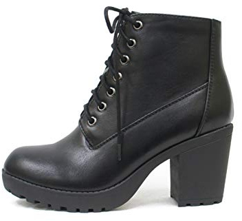 Soda Second Lug Sole Chunky Heel Combat Ankle Boot Lace up w/Side Zipper (10, Black PU)