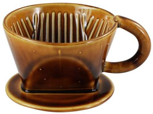 Asayu Japan Keramik Kaffeeaufguss-Set in Karamell-Braun mit Papierfilterhalterung und Dripper mit 3 Löchern für Kaffee und Tee - Kaffee Dripper