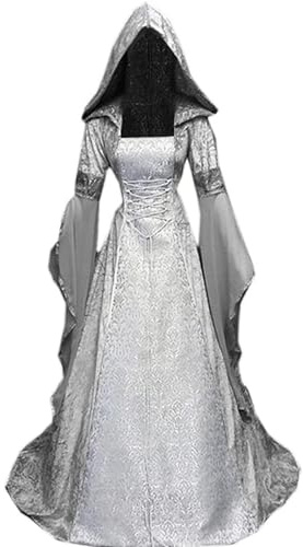 Disfraz de Halloween para mujer, estilo medieval, renacentista, con capucha, vestido gótico, carnaval victoriano, vestido de cosplay, color plateado, talla S