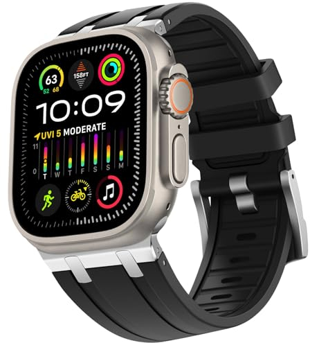 HITZEE Compatible avec Bracelet Apple Watch Ultra 49/46/45/44/42mm, Bracelets Silicone Liquide avec Adaptateur en Acier Inoxydable Conçus pour Apple Watch Ultra 2 Série 10 9 8 7 SE 6 5 4 3, Noir