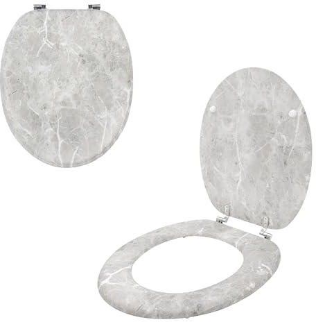 Anika Grey Marble Effect Toilet Seat, 43 x 37.5cm, Chrome Plated Hinges | Easy Installation, Moisture Resistant PVC Veneer, Easy Clean Bathroom Toilet Seat, Fits Most Standard Toilets, Modern Design