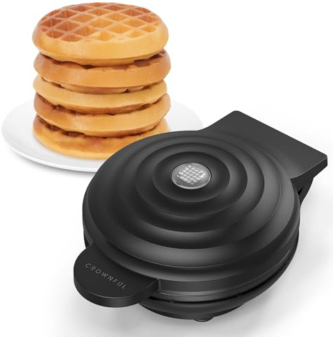 CROWNFUL Mini Waffle Maker, 4 Chaffle Maker with Compact Design, Easy to Clean, Non-Stick Surface, Recipe Guide Included, Perfect for Breakfast, Dessert, Sandwich, or Other Snacks
