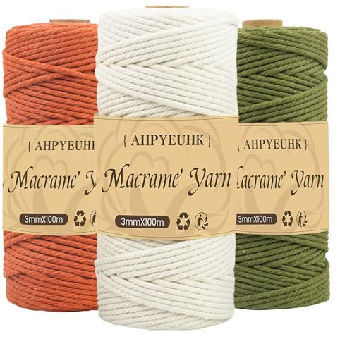 Fil De Macramé 3mm Corde Macramé 3 Rouleaux Cordons pour Macramé Naturel De,Ficelle en Coton pour Suspension Murale,Suspension Plantes,Noël Tricot Travaux Manuels (Autre Rouge Beige Vert Armée)