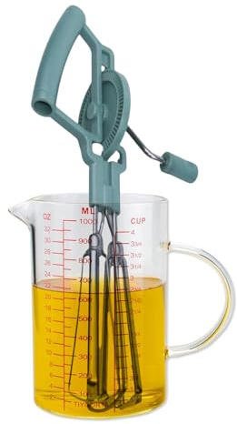 Hand Crank Egg Beater Measuring Container Combo Set, Rotary Double Head Rapid Egg Beater with 4Cups Borosilicate Glass Meausring Cup for Cooking n Baking
