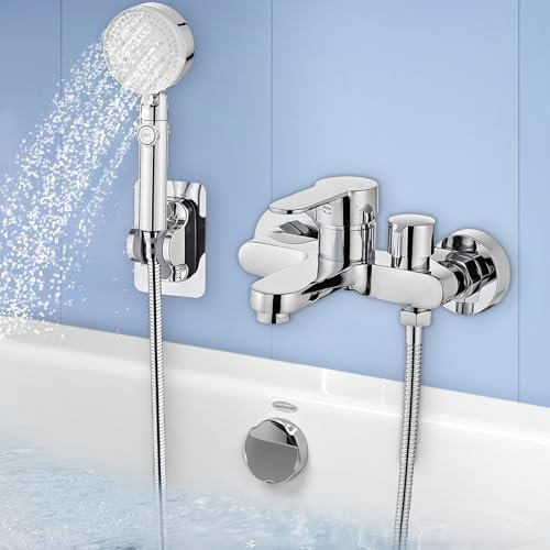 Wannenarmatur Badewannenarmatur mit Handbrause, Mischbatterie Badewanne Chrom mit Brause 5 Funktionen, Einhebel Badewanne Wasserhahn mit 1,5m Duschschlauch und Halterung, Wannenbatterie für Bad