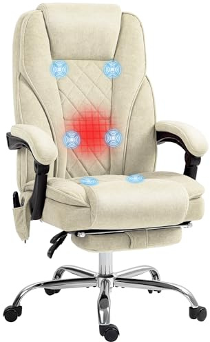 Vinsetto Masserande och uppvärmd kontorsstol kontorsstol ergonomisk stol med justerbar höjd ryggstöd viloläge fjärrkontroll trådbunden infällbar och svängbar fotpall 360° beige