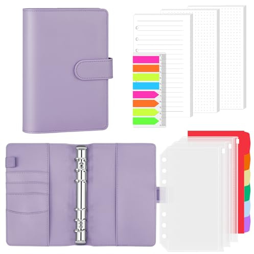 AKONEGE Classeur A6 à 6 anneaux en cuir synthétique rechargeable avec 135 feuilles de papier de remplissage A6, 3 pochettes de classeur, 6 séparateurs d’index, onglets autocollants, organisateur de
