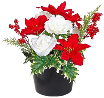 Etomvoop Fiori artificiali per tomba a forma di stella di Natale rossa con bacche rosse all'aperto cimitero vasi floreali per funerale cimitero tomba decorazioni natalizie per la casa