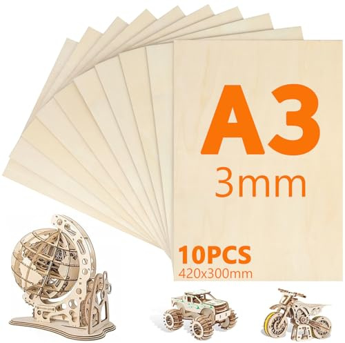 10 Piezas Contrachapado A3, 300mm×420mm Contrachapado 3mm, Tablones de Madera, Maderas para Bricolaje para Manualidades, Modelismo, Procesamiento Láser, Pirograbado, Decoración, Pintura