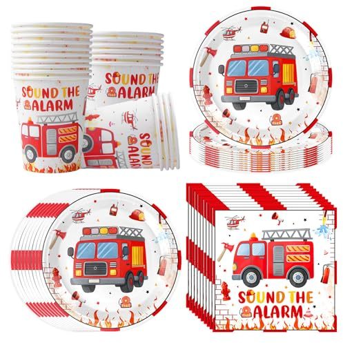 Brandbil festservis, set för 20 gäster, innehåller brandbilar servetter, tallrikar och pappersmuggar, födelsedag servis i brandmän design, brandkår dekoration barnkalas