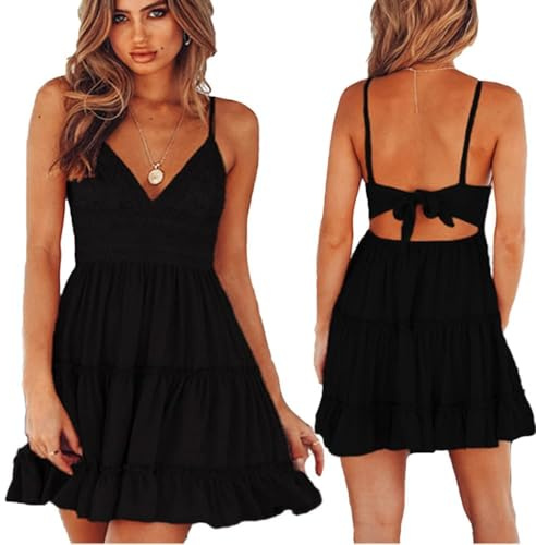 KOEMCY Abito Elegante Donna Mini Spaghetti Strap Abiti Sexy Senza Maniche Vestiti Donna Eleganti Schiena Bassa Abito Corto Senza Fiocco Vestito con Volant (S)