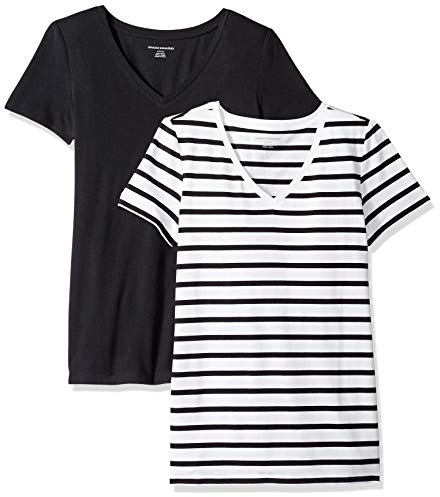 Amazon Essentials Women's Regular-Fit Short-Sleeve V-Neck T-Shirt, Pack of 2, White Mariner Stripe/Black, Large