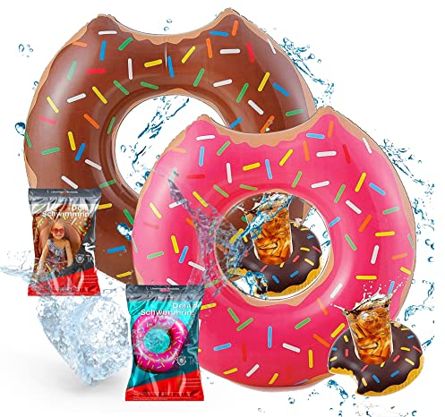 4X XXL Aufblasbarer angebissener braun + pink Donut mit Biss Schwimmring für Pool, mit 4X aufblasbaren Getränkehalter für Cocktails, Getränke UVM.