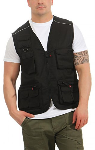 Mivaro Arbeitsweste Herren Schwarz - Safari Weste mit vielen Taschen - mit Reißverschluss - leichte Outdoor Weste Anglerweste Werkzeugweste Sommerweste Jagdweste Funktionsweste Größe 4XL