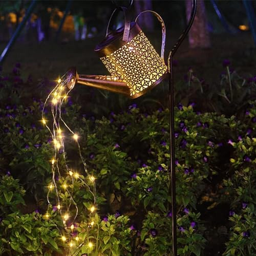 Lysliv Watering Can Solar Lights Outdoor Garden, LED Solar String Lights Waterproof Retro Metal Water Can Hanging Lantern with Bracket Warm White Gardening Décor for Patio Yard Pathway Gifts for Women