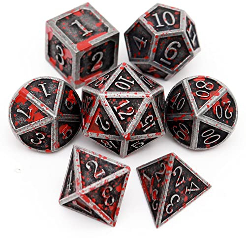 Haxtec Bloodstained Metal DND Dice Set Blood Polyhedral D&D Dice with Leather Dice Bag Compatible with Dungeons and Dragons Gift for DND Lovers TTRPG DM Masters Antique Metal Halloween Dice