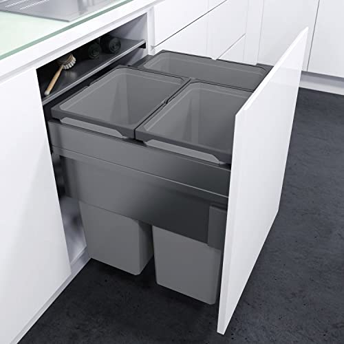 VAUTH-SAGEL Envi Space XX Pro Einbau Abfallsammler mit Frontanbindung, Mülleimer KB 600 mm Küche mit Dämpfung und Selbsteinzug, Behälter mit 2x 35l und 1x 21l, Kunststoff/Stahl lavagrau