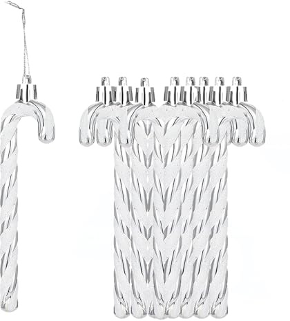 HERZWILD 12Pcs Glitter Candy Cane Christmas Tree Decorations Christmas Plastic Candy Cane Christmas Tree Hanging Pendant Ornament for Holiday Party Decoration Favorhanging (silver)