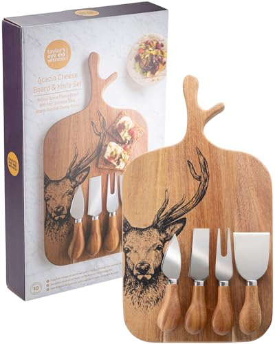 4 Piece Cheese Knife Set & Acacia Board - Stylish Cheese Knives Gift Set And Acacia Wood Board With Stag Design. Acacia Wood Knife Handles & Polished Stainless Steel Sharp Blades. 10 Year Guarantee.