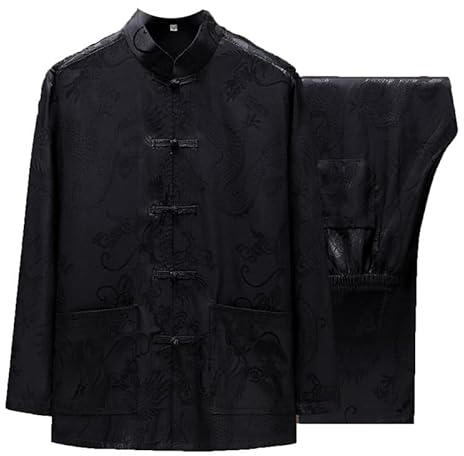 oneforus Traditioneller chinesischer Tang Anzug Herren Retro Hanfu Kung Fu Tai Chi Kleidung Lässige Satin Langarmhemden + Hosen Set