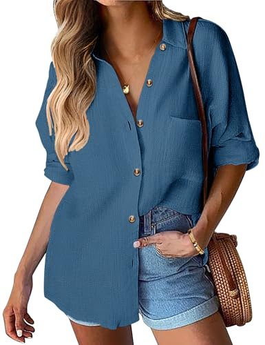 Hotouch Chemises Femme Manches Longues Coton Chemise Décontracté Basique Femme Col en V Couleur Unie Chemise Braguette Bouton