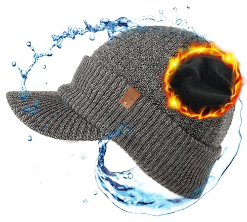 TOP-EX DryKnit™ 50% lana merino uomo donna cappello invernale con visiera – impermeabile antivento Beanie Beanie caldo foderato in pile lavorato a maglia per grandi teste, Medium-Large