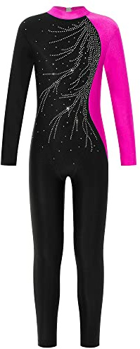 Doomiva Flicka gymnastikdräkt helkroppsdräkt glitter overall sportbody med strass konståkning kostym långärmad leotard, Het rosa, 146-152
