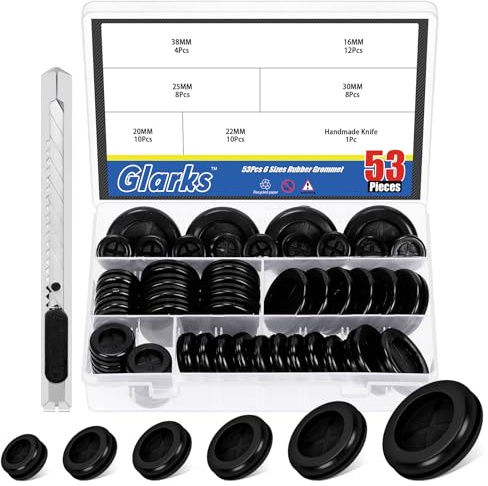 Glarks Set di 53 occhielli in gomma a doppia faccia da 16/20/22/25/30/38 mm, tappi rotondi in gomma neri chiusi per foro firewall guarnizione in gomma per filo, protezione cavi