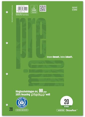 Staufen Premio Inserti per raccoglitori ad anelli - 5 blocchetti da 50 fogli ciascuno, DIN A4, righello formato 20 (bianco), 4 fori, carta riciclata da 90 g/m²