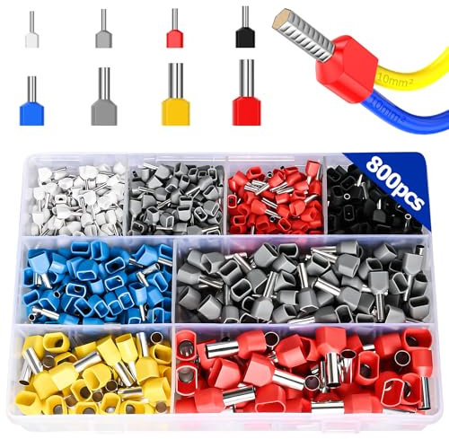 Preciva Lot de 800 embouts à sertir doubles de 0,5 à 10 mm², connecteurs à sertir, double borne, connexion rapide à double fil, noyau en laiton, haute protection d'isolation