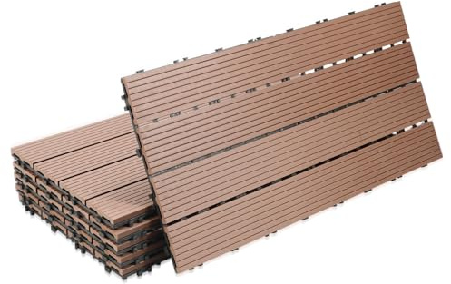 Eulenke WPC terrassplattor 12 stycken, 30 x 60 cm terrassbrädor för balkonggolv, klickplattor, balkongplattor i träutseende, golvbeläggning väderbeständig för terrass, för 2 m², brunröd