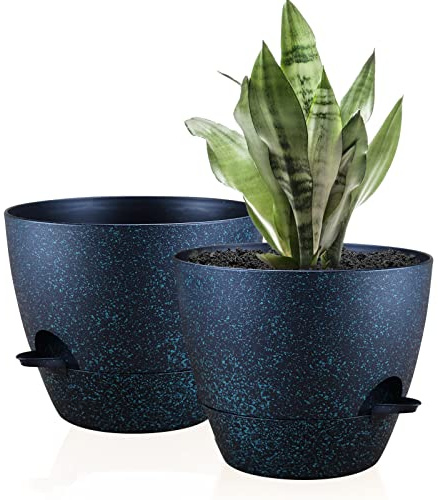 FORAGIFT Macetas de 25 cm con autorriego para interiores, paquete de 2 macetas grandes de plástico con depósito profundo y agujeros de drenaje altos para plantas y flores de interior y exterior