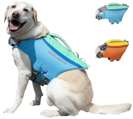 ZLX Dog Life Jacket, High Buoyancy Dog Life Vest with Secure Handle, Ripstop Lifejacket for Swimming, Boating, Water Safety, Adjustable Lightweight Floating Pet Preserver, Large, Blue