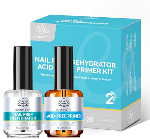 BORN PRETTY Primer Ongle Gel UV et Nail Déshydrateur Set 15 ml 2pcs Vernis Semi Permanent pour Acrylique Polygel Vernis à Ongles Nail Primer et Déshydrateur et Collage Manucure Naturels Air Dry