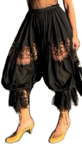 Lace Long Bloomer Pants for Women Y2K Ruffle Victorian Pantaloons Pettipants Slip Pants Capri Pajama Bottoms(Pantaloon Black,Medium