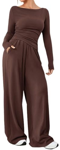 crazy bean Tuta Sportiva Invernale e Casual da Donna Tuta da Donna Elegante Curvy 2 Pezzi Casual Completa Manica Lunga Set Maglia a Pantaloni Sportivi con Elastico in Vita Marrone Caffè XL