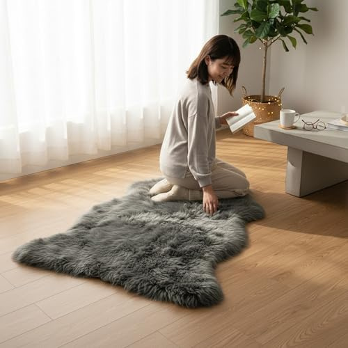 Luxury Genuine Sheepskin Rug – 100% Real Wool Natural Soft Silky Fluffy Hide, Premium Sheepskin Throw for Bedroom, Sofa or Floor, Warm & Breathable Home Décor Accent (90 x 60 cm) (Charcoal)
