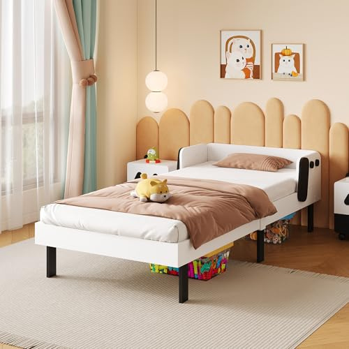 Cama individual para niños de 90 x 200 cm, cama para niños de 2 a 4 años con somier, marco de cama con diseño de cachorros de madera maciza, cama blanca para niños y niñas, cama tapizada para