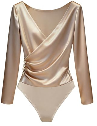 OYOANGLE Women's Wrap V Neck Satin Bodysuits Long Sleeve Elegant Ruched Office Work Body Suit Tops Apricot Large