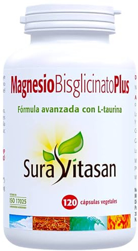 Sura Vitasan Magnesio Bisglicinato Plus 120 Cápsulas Vegetales - 150mg de Magnesio Elemental con L-Taurina - Alta Absorción y Biodisponibilidad - Relax Muscular, Descanso y Sistema Nervioso