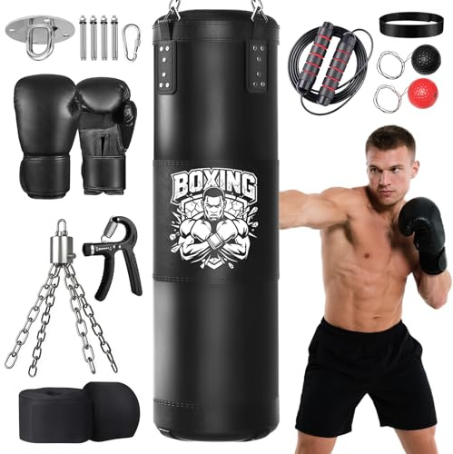 Ninonly 120cm/100cm Sac de Frappe Rempli Adulte avec Gants de Boxe | Punching Ball Adulte avec Appareil de Renforcement de la Force de Préhension, pour Kickboxing MMA Taekwondo, Non Rempli