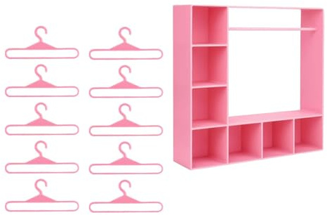FewNvWa Armadio per Vestiti di Bambole con 10 Ganci, Include Organizer Portatile, Scatola Accessori, Ripiano Espositivo per Figure, Adatto per La Decorazione, Rosa