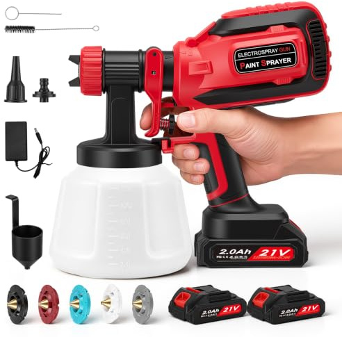 Pistola Pintura Bateria,Pulverizador de Pintura con batería con 3 Patrones,HVLP Pistola con 2 Baterías de 3000 mAh y Ccargador para Cercas, Paredes, Techos(Rojo)