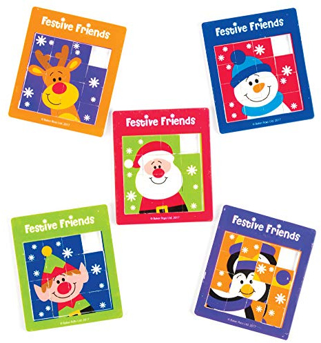 Baker Ross AV825 Festive Friends Sliding Puzzles - Pack of 5, Slide Puzzles for Kids, Great for Party Bags, and Toys