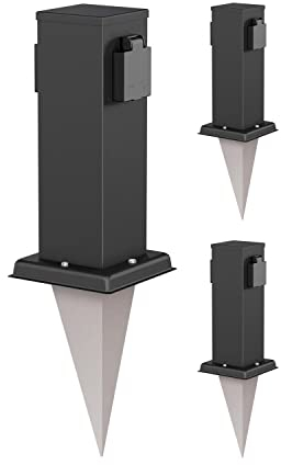 ledscom.de 3 Tomas de jardín Columna Polly con piqueta de Tierra para Exteriores, IP44, 2 Conectores, Acero Inoxidable, Cuadrada, Negra, 27cm
