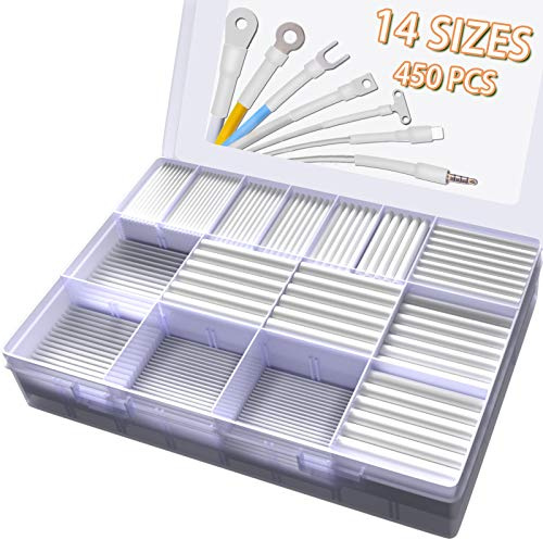 Pointool kit de tubo termoretractil, relación 2:1, 14 tamaños, surtido de tubos termorretráctiles para reparaciones de cables, soldadura, cableado automotriz, blanco, 450 piezas