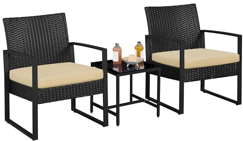 Yaheetech 3-Piece Rattan Garden Furniture Set 2 Chairs 1 Table, Black/Khaki | Handwoven Rattan | Soft Cushions | Tempered Glass Tabletop | For Balcony, Porch, Garden, Backyard, Outdoor Use