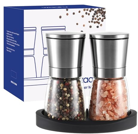 Vzaahu Salt- och pepparkvarnar, set med keramisk kärna, förvaringsbas, justerbar grovkvarn, bärbar, kryddkvarnar, hem, kök, födelsedag, inflyttningsfest, 2 stycken